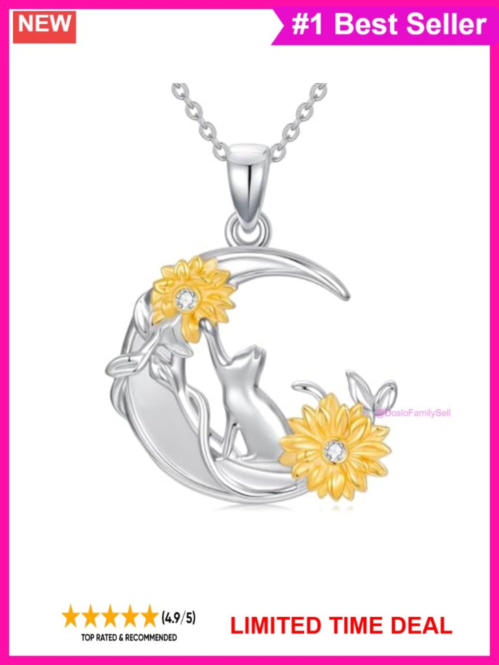 Sterling Silver Sunflower Cat Pendant Necklace Lab Grown Diamond